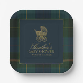 Classic Dark Green & Blue Plaid Baby Shower Papieren Bordje