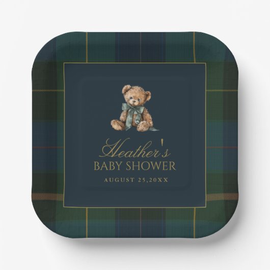 Classic Dark Green & Blue Plaid Baby Shower Papieren Bordje (Voorkant)
