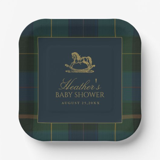 Classic Dark Green & Blue Plaid Baby Shower Papieren Bordje (Voorkant)