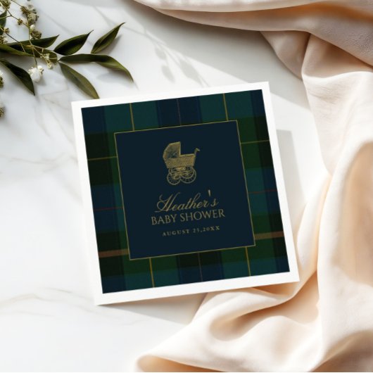 Classic Dark Green & Blue Plaid Baby Shower Servet