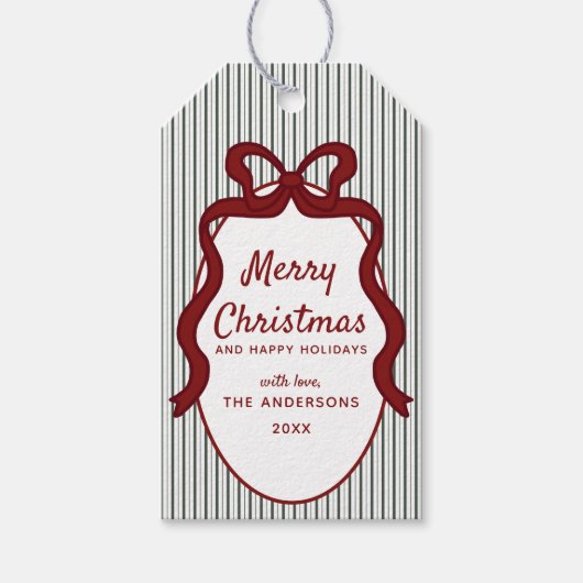 Classic Dark Green Stripes & Bow Frame Christmas  Cadeaulabel (Voorkant)