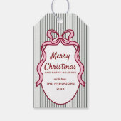 Classic Dark Green Stripes & Bow Frame Christmas Cadeaulabel (Voorkant)