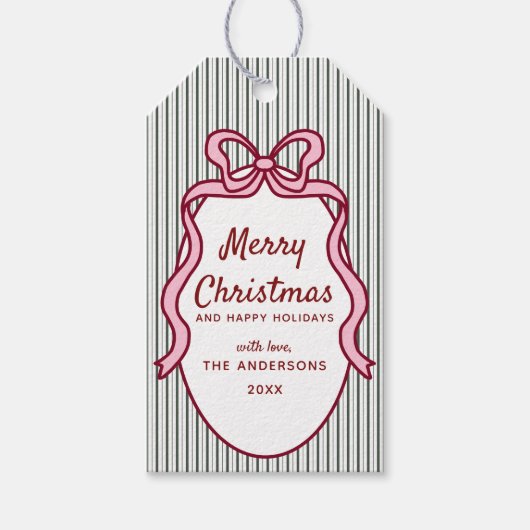 Classic Dark Green Stripes & Bow Frame Christmas Cadeaulabel (Voorkant)