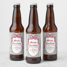 Classic Dark Green Stripes & Pink Bow Christmas Bier Etiket