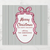 Classic Dark Green Stripes & Pink Bow Christmas Bier Etiket (Enkel label)