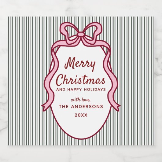 Classic Dark Green Stripes & Pink Bow Christmas  Bier Etiket (Enkel label)