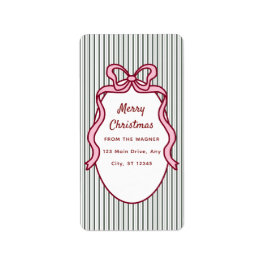 Classic Dark Green Stripes & Pink Bow Christmas Etiket