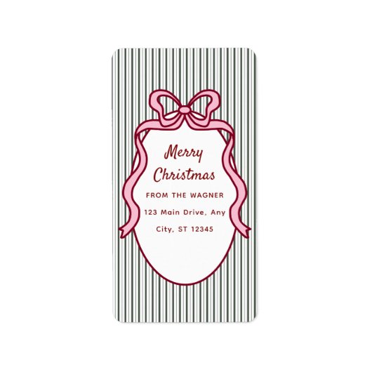 Classic Dark Green Stripes & Pink Bow Christmas Etiket (Voorkant)