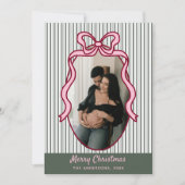 Classic Dark Green Stripes & Pink Bow Christmas Feestdagenkaart (Voorkant)