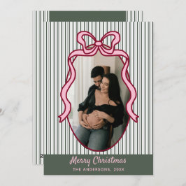 Classic Dark Green Stripes & Pink Bow Christmas Feestdagenkaart