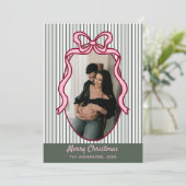 Classic Dark Green Stripes & Pink Bow Christmas Feestdagenkaart (Staand voorkant)