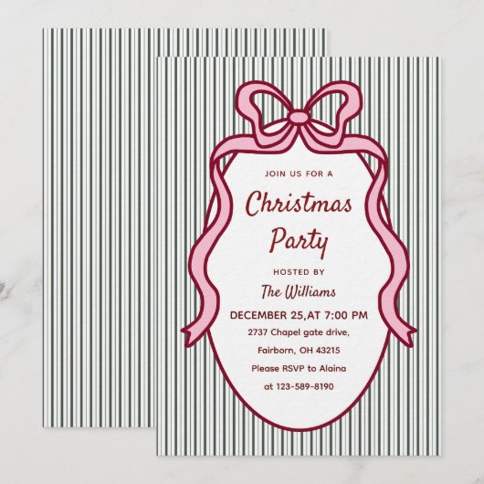 Classic Dark Green Stripes & Pink Bow Christmas  Kaart (Voorkant / Achterkant)