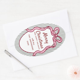 Classic Dark Green Stripes & Pink Bow Christmas Ovale Sticker
