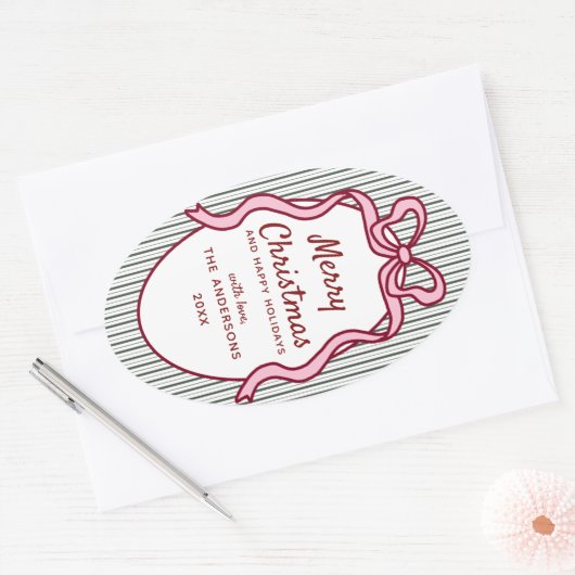 Classic Dark Green Stripes & Pink Bow Christmas Ovale Sticker (Envelop)