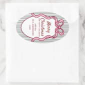 Classic Dark Green Stripes & Pink Bow Christmas Ovale Sticker (Tas)