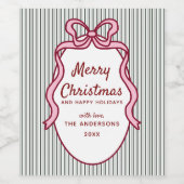Classic Dark Green Stripes & Pink Bow Christmas Wijn Etiket (Enkel label)