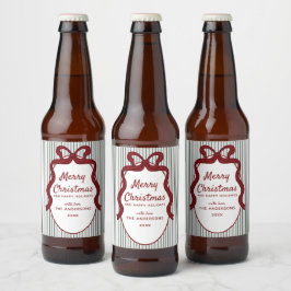 Classic Dark Green Stripes & Red Bow Christmas  Bier Etiket