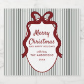 Classic Dark Green Stripes & Red Bow Christmas Bier Etiket (Enkel label)