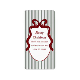 Classic Dark Green Stripes & Red Bow Christmas Etiket