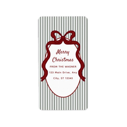 Classic Dark Green Stripes & Red Bow Christmas Etiket (Voorkant)