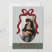 Classic Dark Green Stripes & Red Bow Christmas Feestdagenkaart (Voorkant)