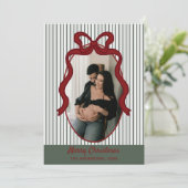 Classic Dark Green Stripes & Red Bow Christmas Feestdagenkaart (Staand voorkant)