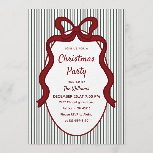 Classic Dark Green Stripes & Red Bow Christmas Kaart (Voorkant)