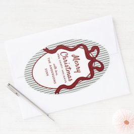 Classic Dark Green Stripes & Red Bow Christmas Ovale Sticker