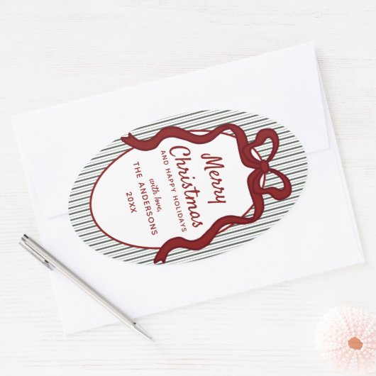 Classic Dark Green Stripes & Red Bow Christmas Ovale Sticker (Envelop)