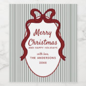 Classic Dark Green Stripes & Red Bow Christmas Wijn Etiket (Enkel label)