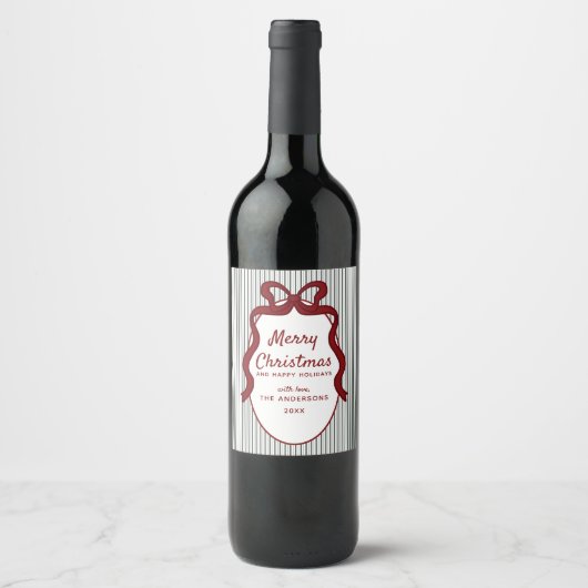 Classic Dark Green Stripes & Red Bow Christmas Wijn Etiket (Voorkant)