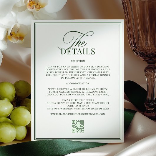 Classic Dark Green Wedding Details Informatiekaartje