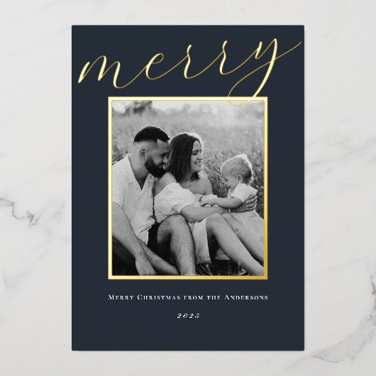 Classic Dark Navy en Gold Lijst Familiefoto Folie Feestdagenkaart (Voorkant)