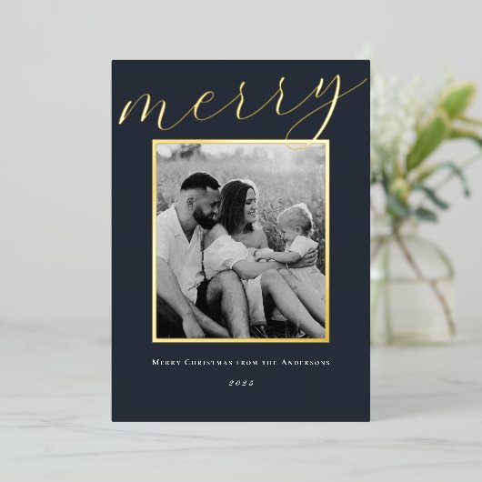 Classic Dark Navy en Gold Lijst Familiefoto Folie Feestdagenkaart (Staand Voorkant)
