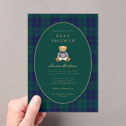 Classic Dark Plaid Baby Shower Acrylic Invitation Acryl Uitnodigingen (Insitu (Draagbaar))