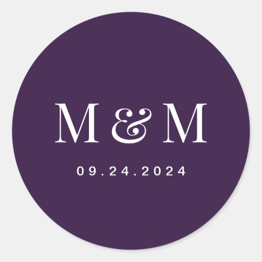 Classic Dark Purple Monogram Typography Wedding Ronde Sticker (Voorkant)