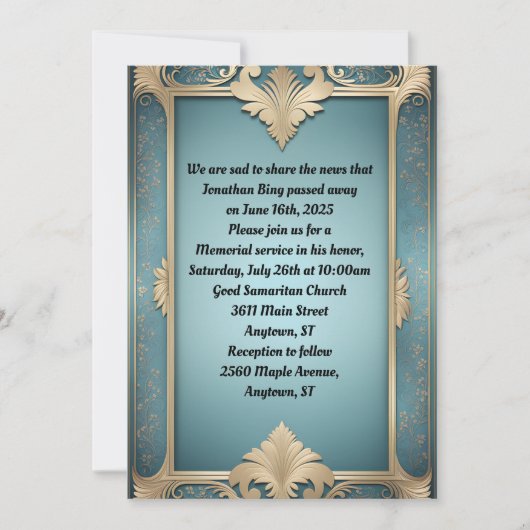 Classic Deco Lijst op Turquoise Blue Memorial Kaart (Voorkant)