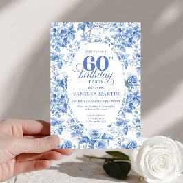 Classic Deep Blue Floral Toile 60th Birthday Invit Kaart