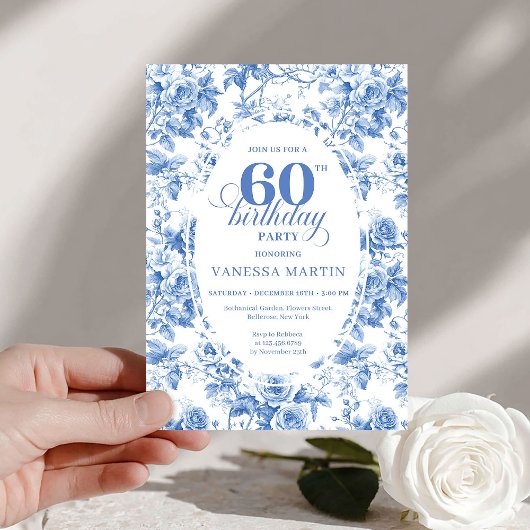 Classic Deep Blue Floral Toile 60th Birthday Invit Kaart