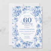 Classic Deep Blue Floral Toile 60th Birthday Invit Kaart (Voorkant)