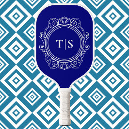 Classic Deep Navy Blue Ornate Monogram Pickleball Paddle