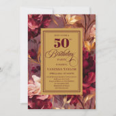 Classic deep red blush gold floral 50th birthday  kaart (Voorkant)