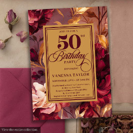 Classic deep red blush gold floral 50th birthday  kaart