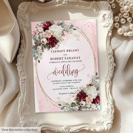 Classic deep red blush gold floral wedding invites kaart