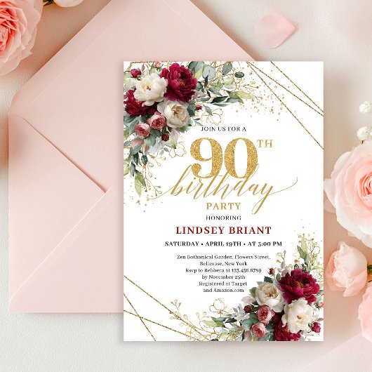 Classic Deep Red Floral Gold 90th Birthday Invite Kaart