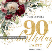 Classic Deep Red Floral Gold 90th Birthday Invite Kaart
