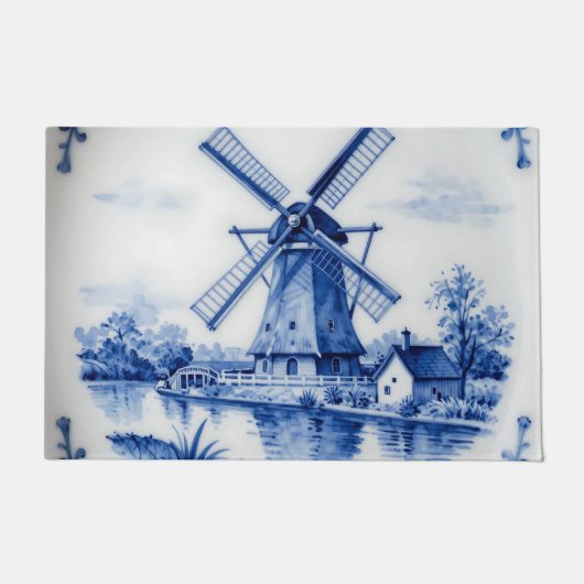 Classic Delft Blue Windmill Canal Scene Deurmat (Voorkant)