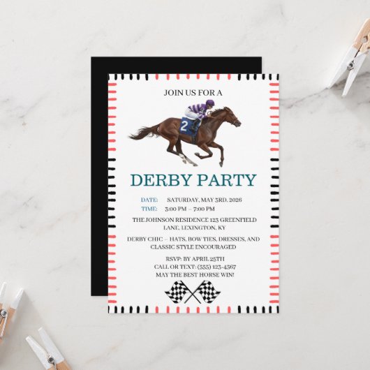 Classic Derby Party Horse Racing Invitation Kaart (Voorkant / Achterkant in situ)
