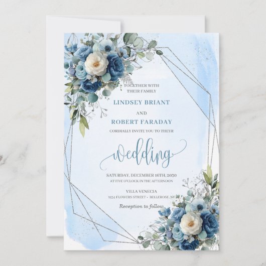 Classic Donkerblauw Zilveren Rozen bruiloft uitnod Kaart (Voorkant)