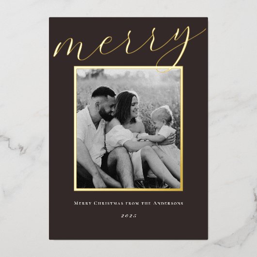 Classic Donkerbruin en Goud Lijst Familiefoto Folie Feestdagenkaart (Voorkant)